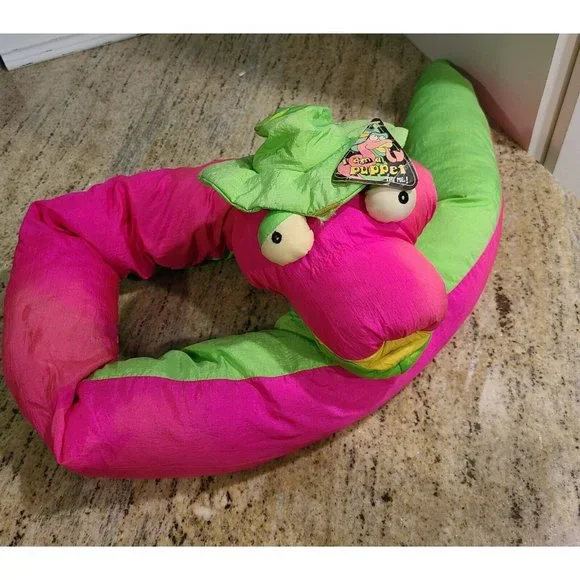 Vintage 1991 Platinum Embrace Parachute Puffy Pink Green Snake Plush Puppet 63" - Picture 1 of 12